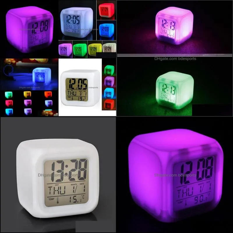 Changing Digital LCD Alarm Clock Thermometer Date Time Night Light Free Shipping for 7 LED Colour