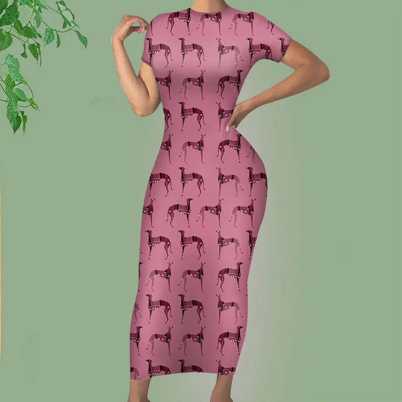 NoisyDesign Women Summer Dress Casual Plus Size 4XL Long Robe Lafy Retro Greyhound Dog Pattern Office Maxi Elegant Vestido 220627