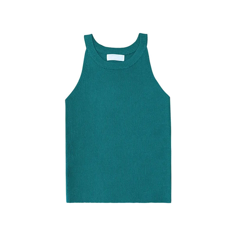 Kvinnors skördetoppar svarta stickade av axel tank tops kvinnlig o-hals elastisk solid elegant topp kvinnor 2022 sommar