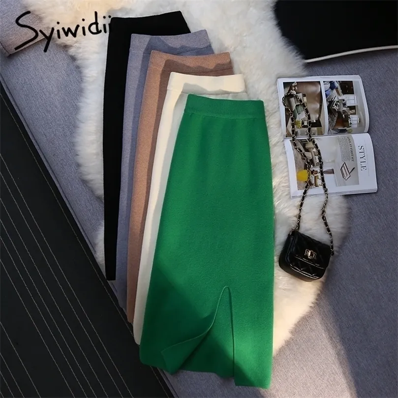 Syiwidii ​​grön sida split sexig stickad lång kjol för kvinnor höst vinter elastiska band mode casual penna midi kjolar 220401