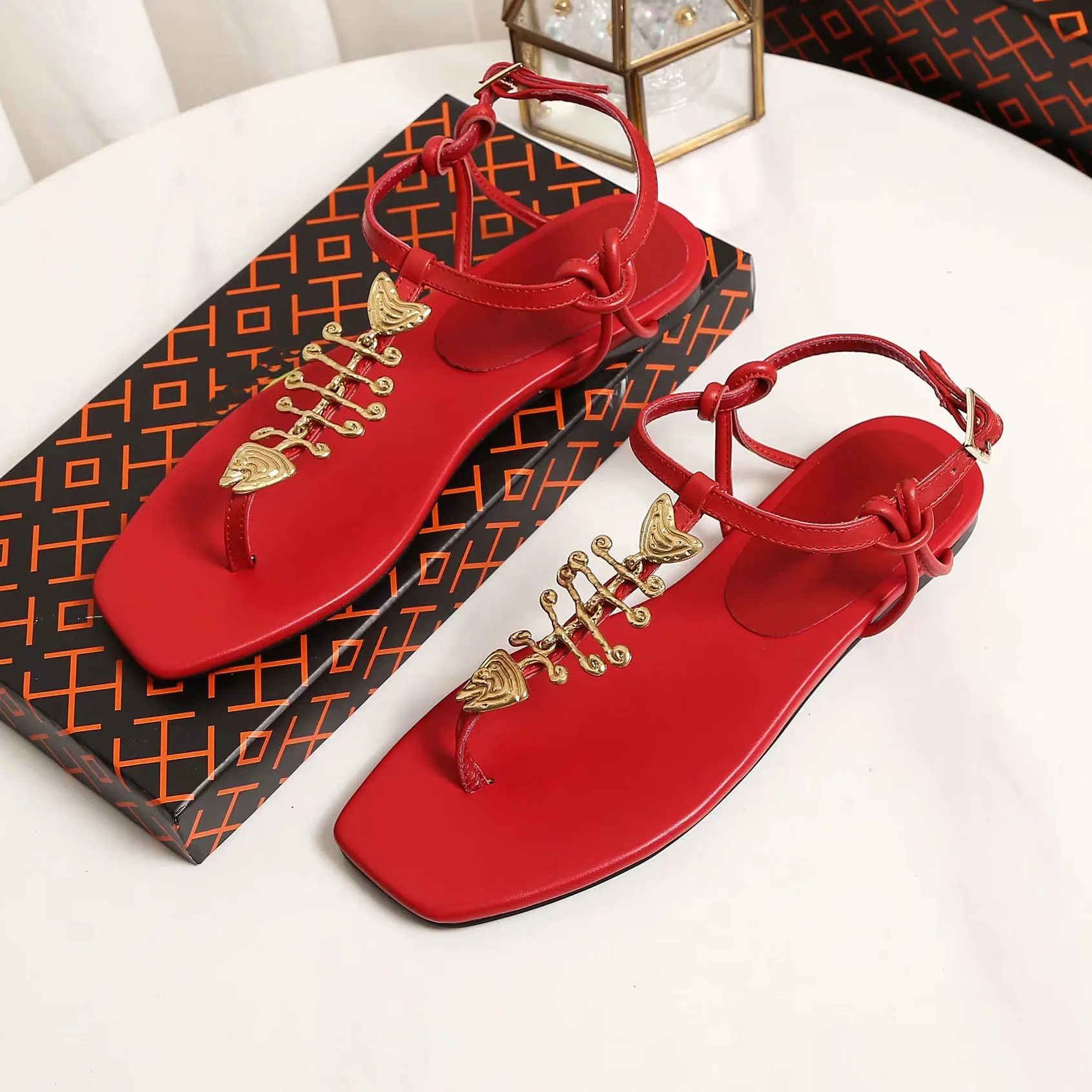 Women s Burgundy Leather Fishbone Gladiator Sandals Ankle Strap Flat Summer Party Dress Shoes