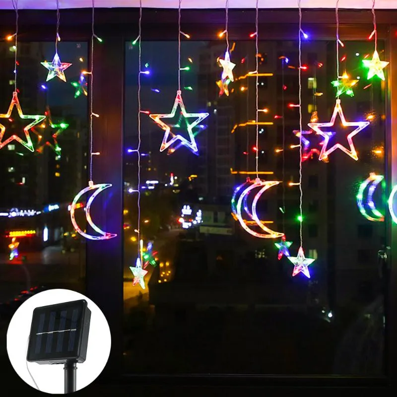 Strings Christmas Decoration Solar Powered LED Curtain Lights With Stars Moons Dimmable 8 Lighting Modes Timer Twinkle String LightLED