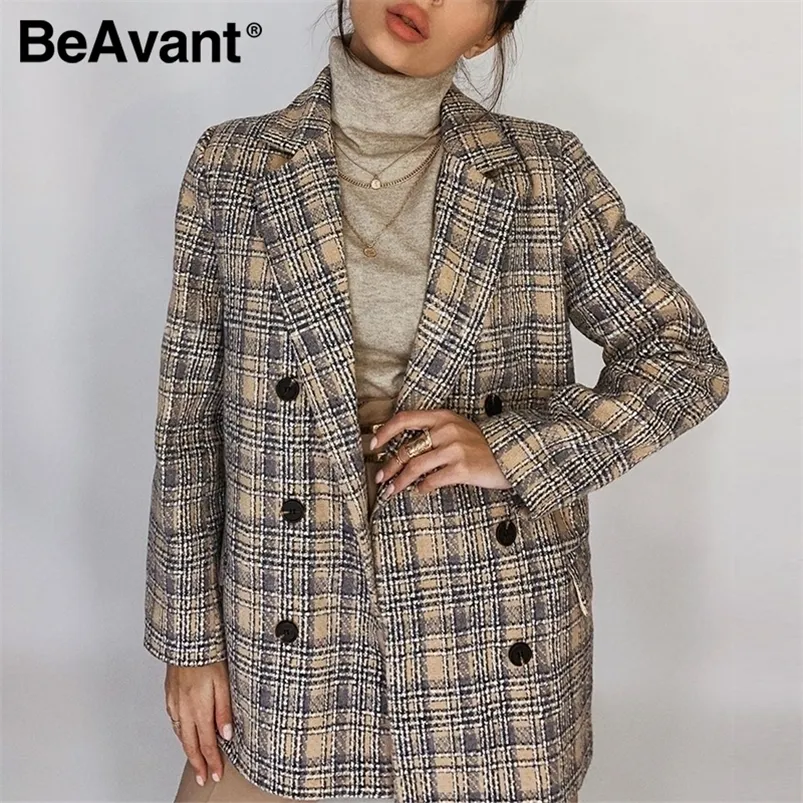 Beavant Elegant Autumn Winter Plaid Women Blazer Coreal Long Sleeve Women Office Office Lady Termored Twilar Outwear 2020 LJ201021