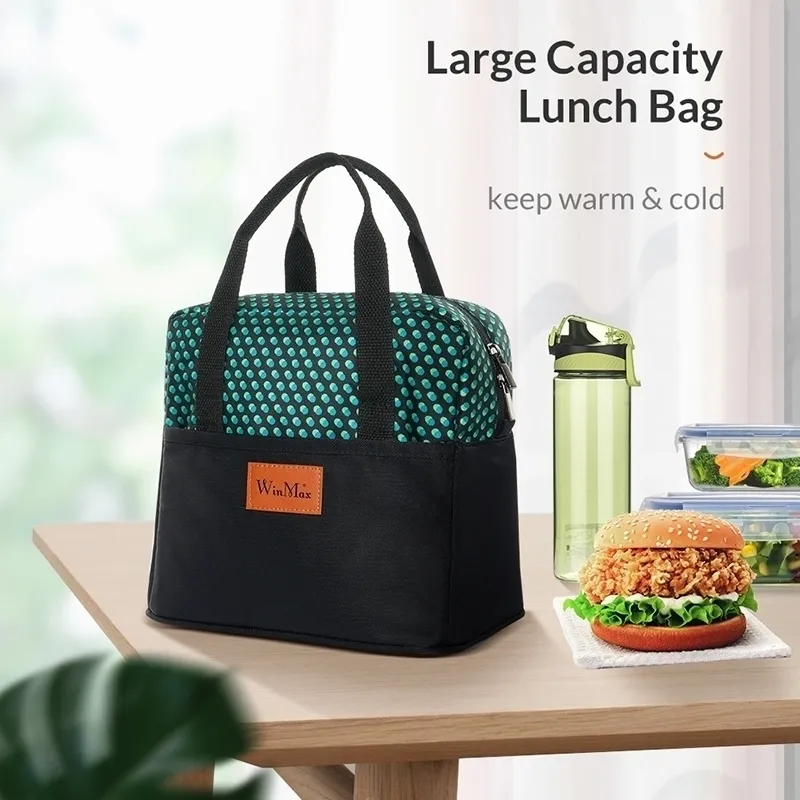 Winmax Fashion Dot Print Portable Cooler Lunch Bag Isolation Thermique Voyage Sacs Fourre-Tout Grande Boîte De Pique-Nique Alimentaire pour Hommes Femmes Y200429
