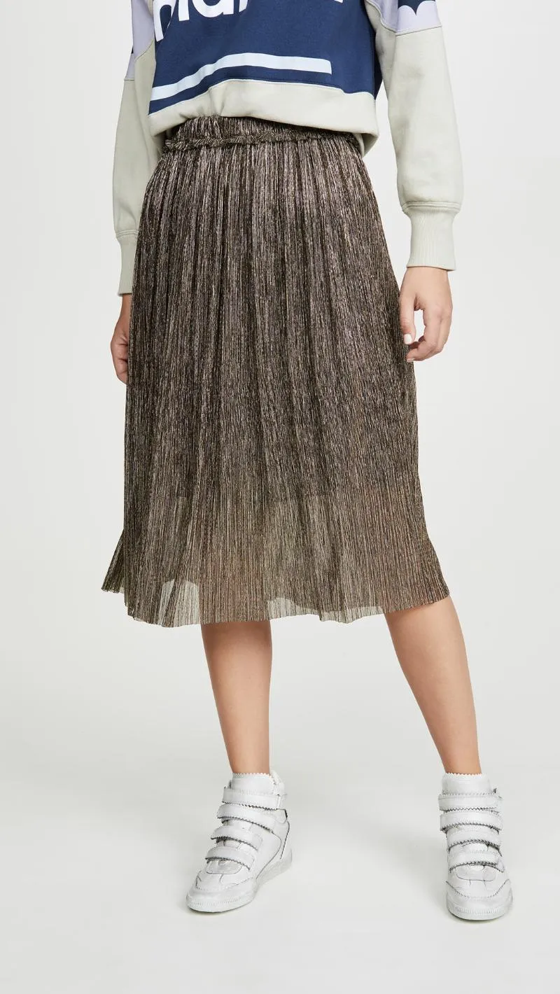 スカートINSファッション2022秋/冬シルバーエラスティックウエスト明るい金属プリーツ女性のミディスカート
