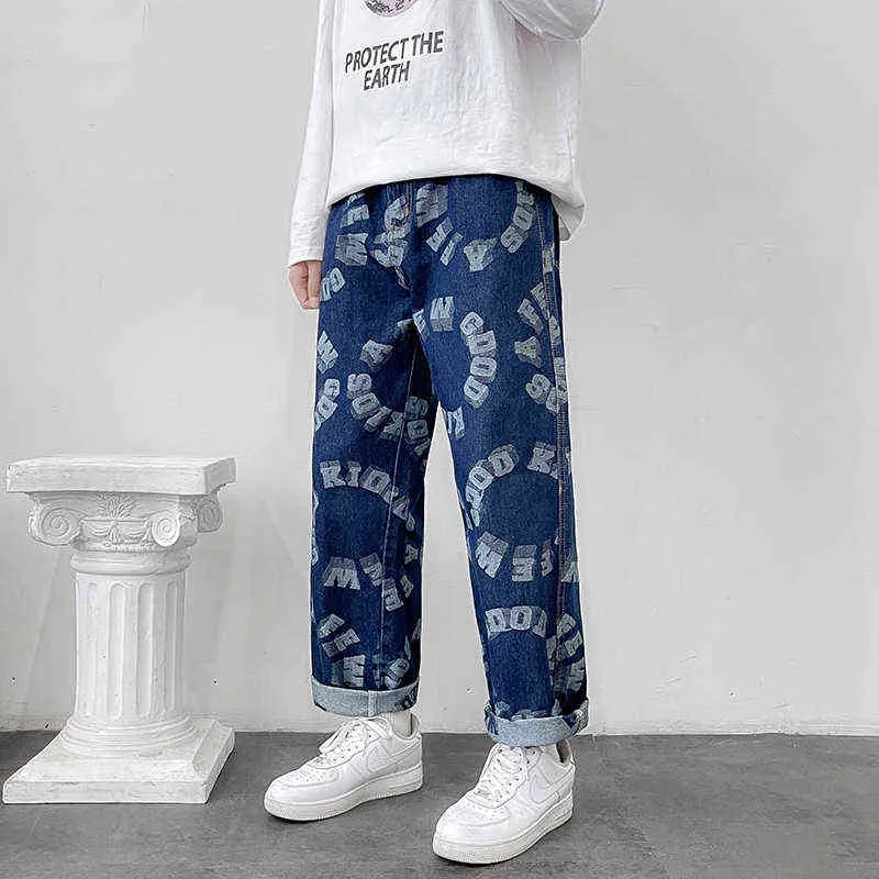 Moda Erkekler Geniş Bacak Kot Mektup baskı Streetwear Hip hop Düz Baggy Denim trend Pantolon Erkek Marka Pantolon 2022 Sonbahar Yeni G0104