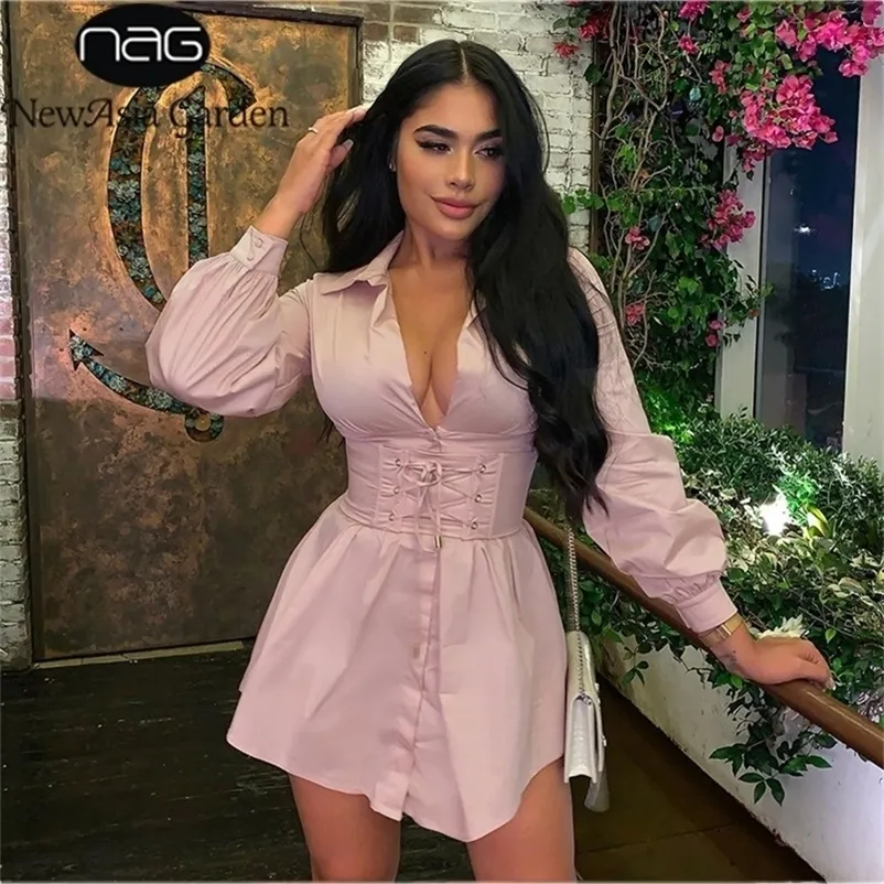 Asia Long Sleeve Shirt Dress With Corset Belt Casual Dress Women Vintage Sexy Pink Fashion Party Dresses Mini White Vestdos 220317