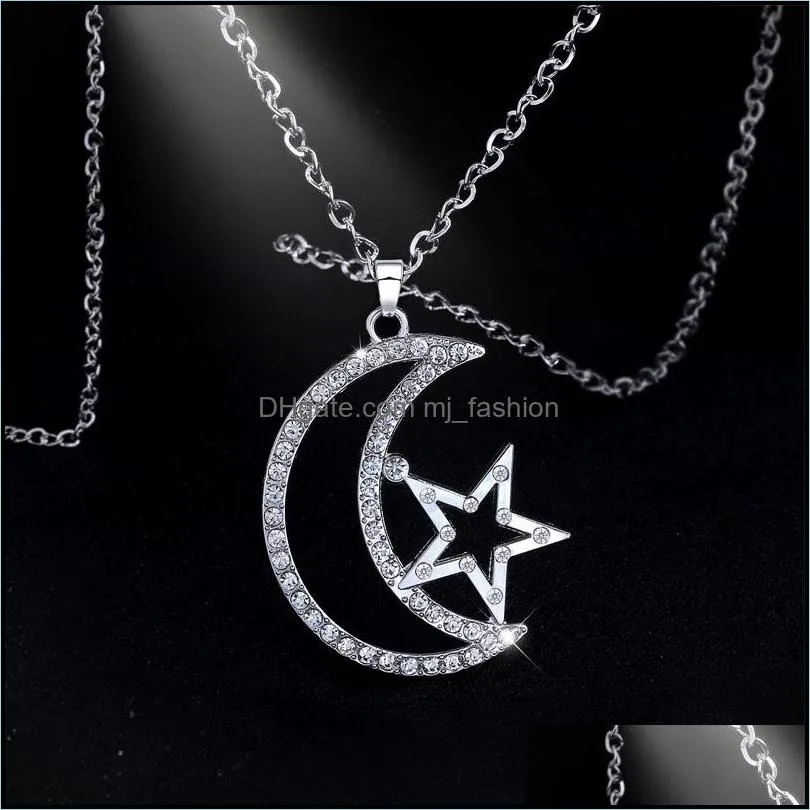moon & star pendant necklace color silver gold lover`s engagement jewelry rhinestone necklaces