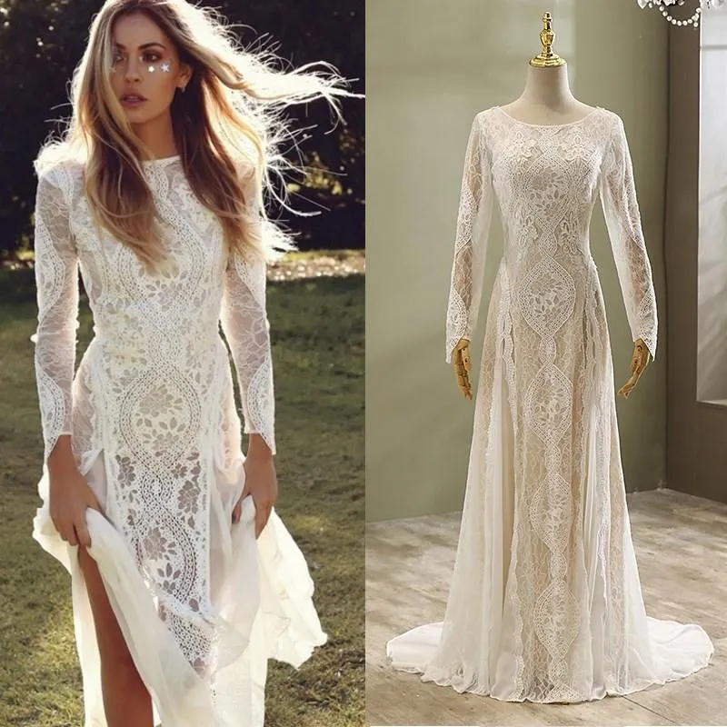 فساتين زفاف أخرى 2022 Long Sleeve Lace Bohemian Boho Light Beach Bridal مثير ثوب عاريات Vestido de Noiva