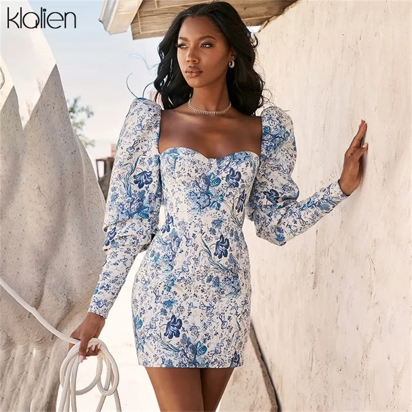 Klalien Sexy Blue Square Collar Impressão de manga longa Ladies Mini vestido de outono de inverno moda slim de baixo corte casual T200603