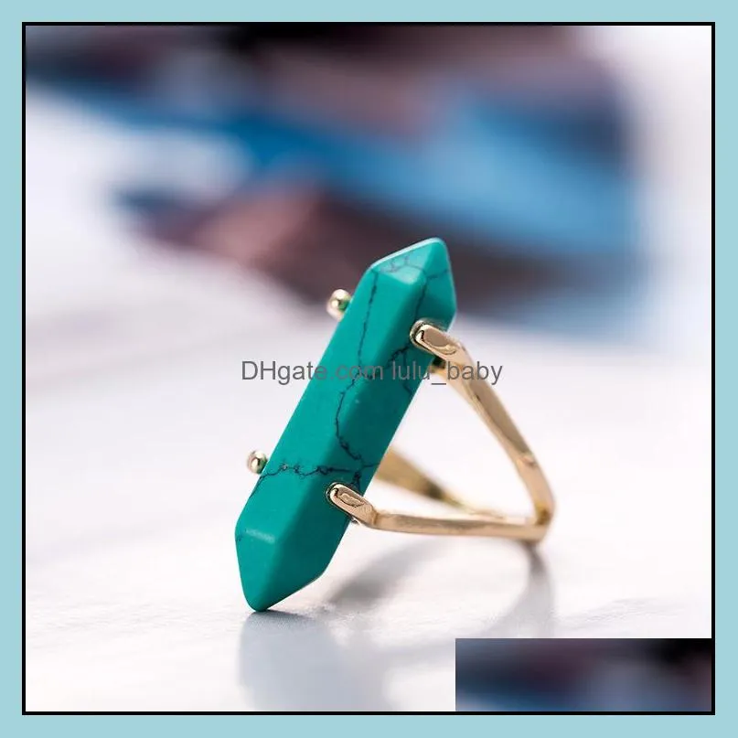 Solitaire Bague Anneaux Bijoux Prisme Hexagonal Pierre Précieuse Imitation Pierre Naturelle Cristal Quartz Point De Guérison Chakra Charme Plaqué Or Pour Femme