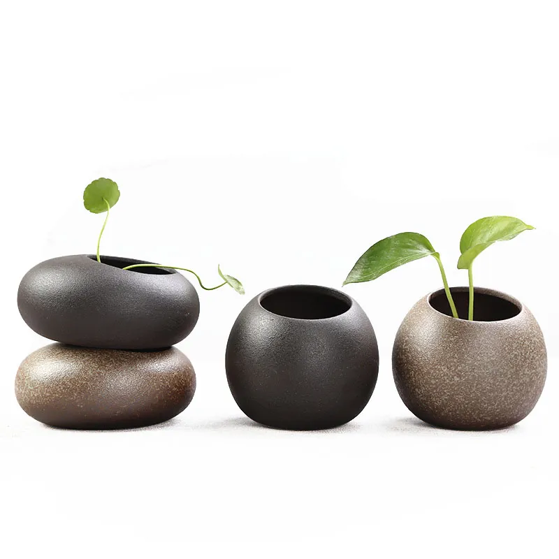 Pebbles Stone Design Vase Floral en Céramique Petite Poterie Oblongue River Rock Jardinière Jardin Zen Japonais Pot de Fleur Mat Noir Marron