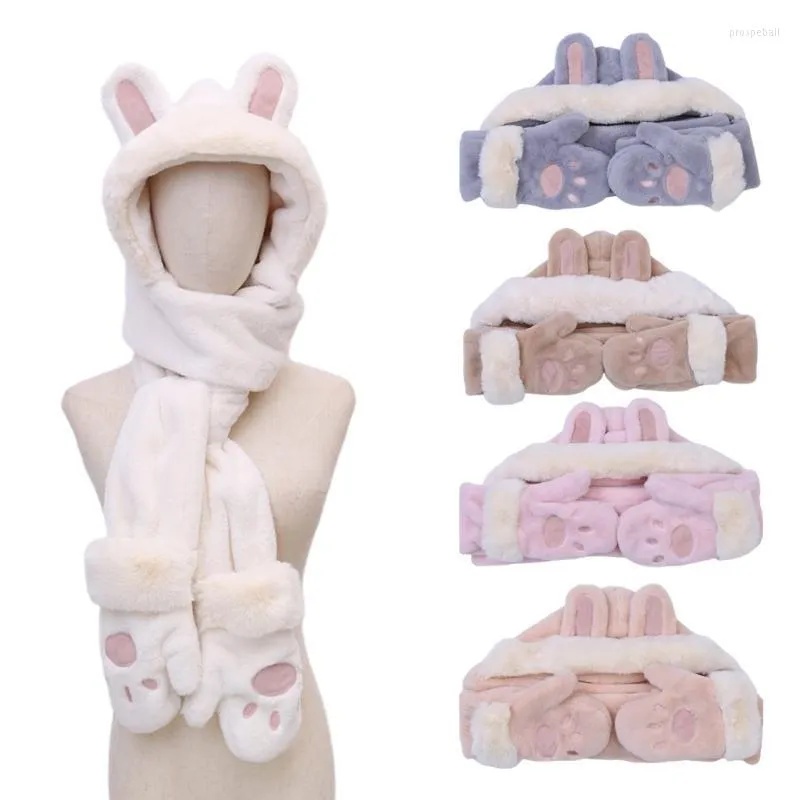 Beanie/Skull Caps Sweet Ear Hat 3 In 1 Furry Hoodies Scarf & Gloves Set Headband Cap For Teen Girls Windproof Combo Pros22