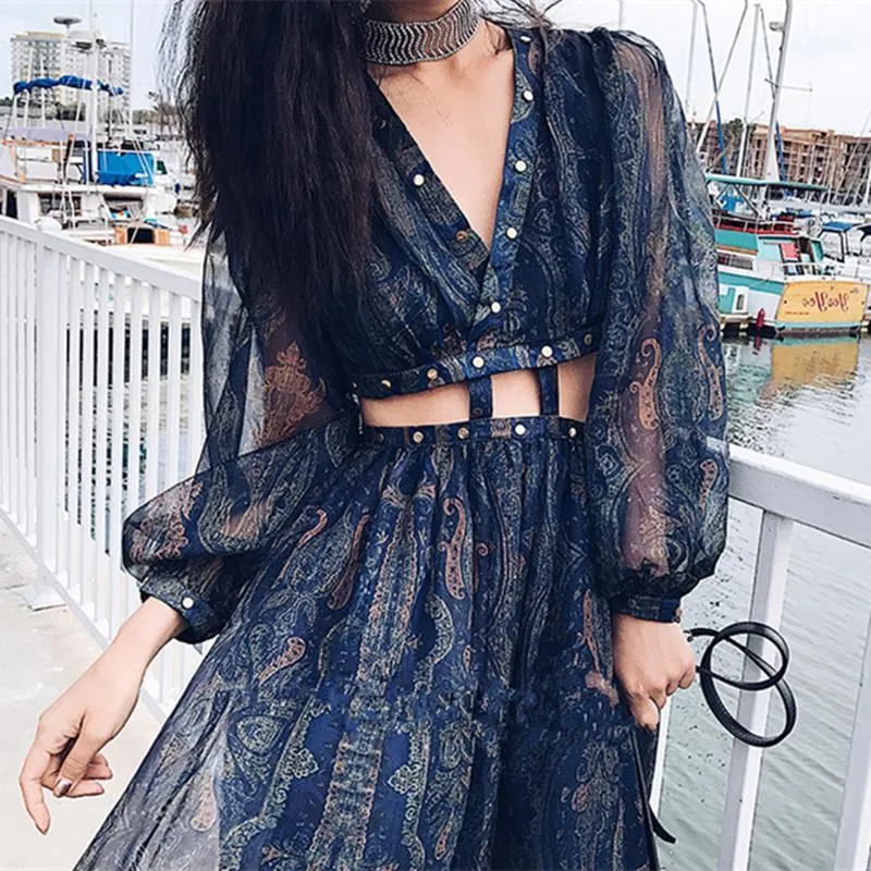 Casual Kleider Bohemian Blau Gedruckt Urlaub Kleid Frau V-ausschnitt Wüste Strand Maxi Bodycon Sexy Langarm Party Nieten