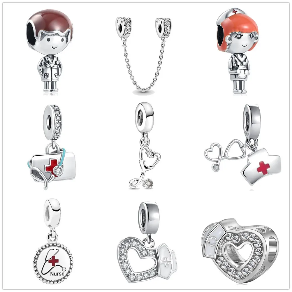 925 Argent Charme Perles Dangle Médecins et infirmières Amour stéthoscope Perle Fit Pandora Charms Bracelet DIY Bijoux Accessoires