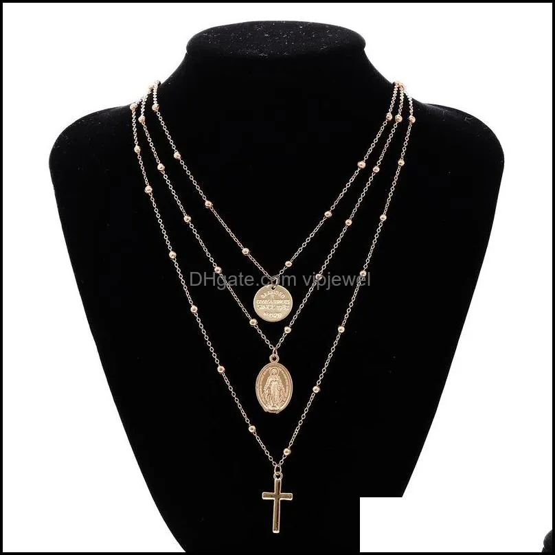 hot fashion silver gold beads sequins multilayer necklace metal cross pendant chokers necklaces for women jewelry kka6205