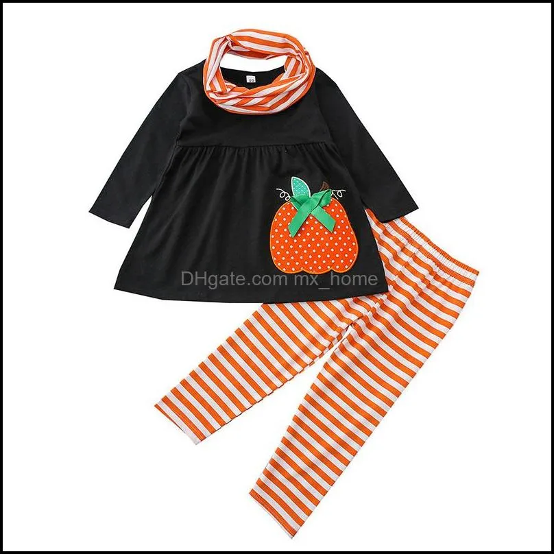 kids clothing sets girls halloween outfits children pumpkin tops stripe print pants scarf 3pcs/set spring autumn fashion baby clothes