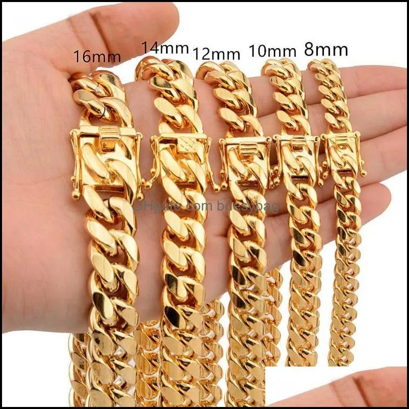 8mm/10mm/12mm/14mm 316L Stainless Steel Jewelry High Polished  Cuban Link Necklace Men Punk Curb Chain Butterfly Clasp