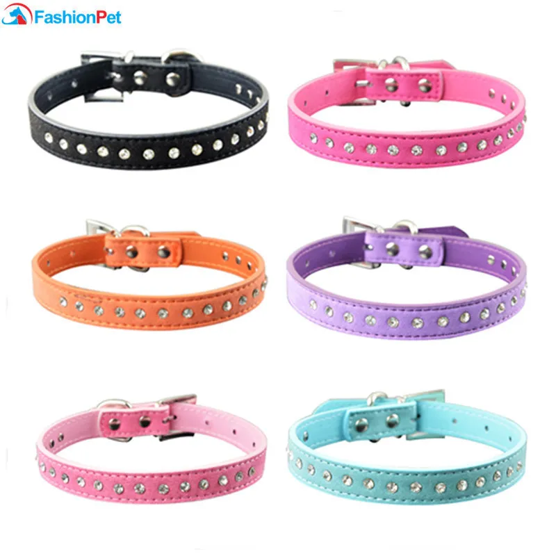 10PiecesLot Wholesale One Row Dog Pet Collar Diamante Suede Pet Cat Collars XXS XS S M 201030
