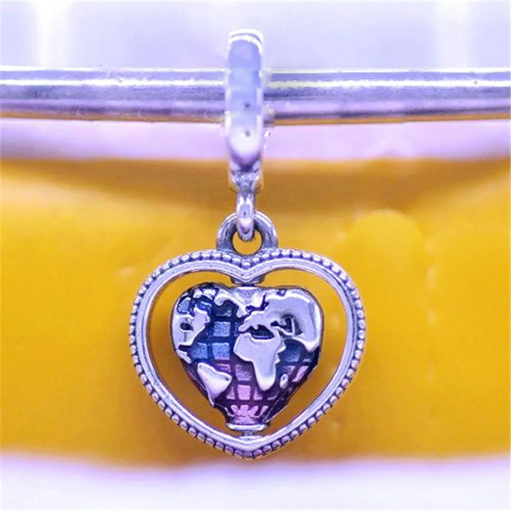 925 Sterling Silver Family Spinning Heart Globe Dangle Charm Bead Fits Pandora Style Bracelet