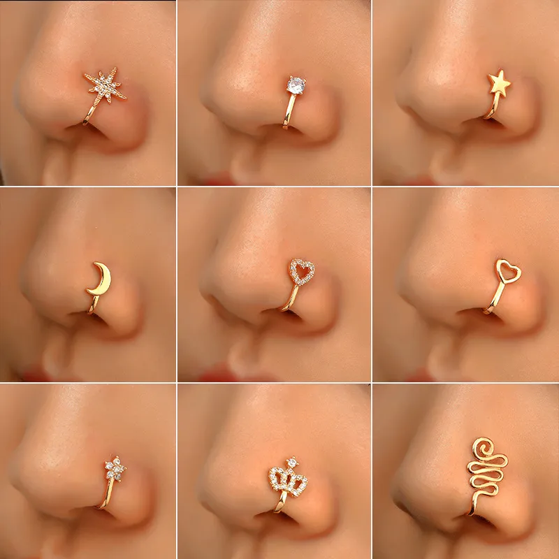 16 styles petits coiffes de faux anneaux de nez pour femmes non perçant clip plaqué or sur le nez manchette gouje girls filles fête bijoux