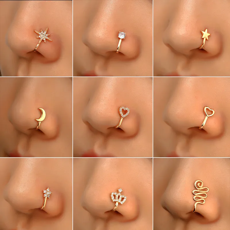 16 Stilar Små Koppar Fake Nose Rings För Kvinnor Non Piercing Guldpläterad Clip On Nose Cuff Stud Girls Fashion Party Smycken