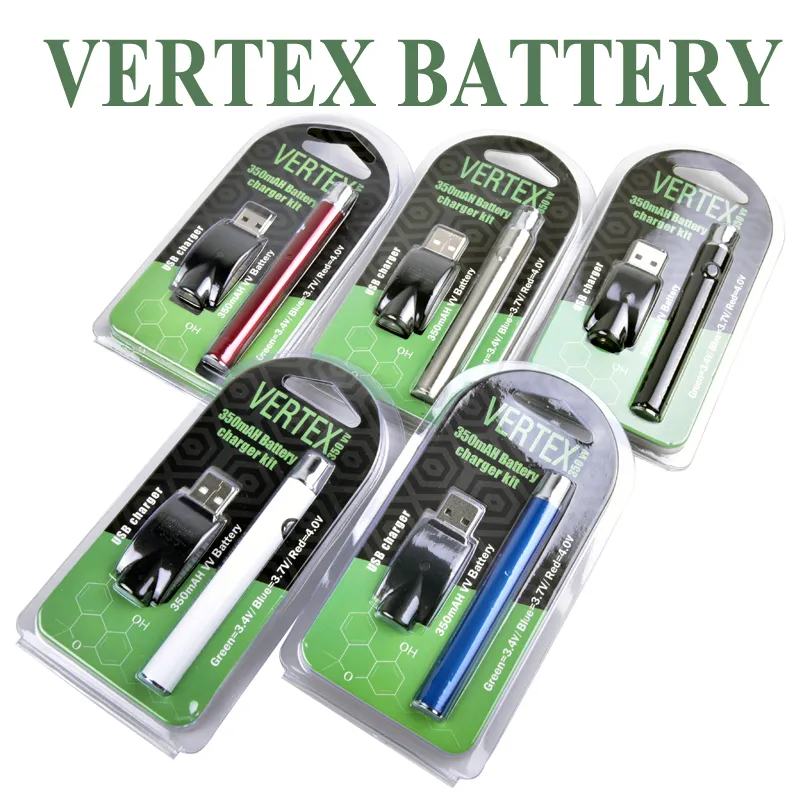 Vertex Vape VV BATTERY BATTERY KIT Caricabatterie USB 350mAh 510 Thread Preriscaldamento vaporizzatore batteria e sigarette penna per cartucce di atomizzatori