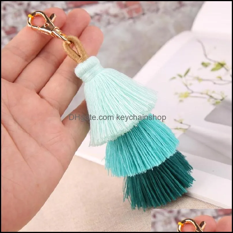 dhl three layers cotton tassel keychain bohemian boho style women bag pendant multicolor handmade key chain 10 colors