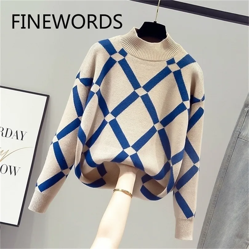 FIORDS Women Geometric Khaki Knitted Sweater Casual Korean Pullover Female Autumn Winter Retro Jumpers Swetry Damskie 201225