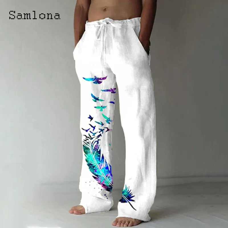 Samlona Pantalones de lino con diseño de bolsillo para hombre Pantalón suelto con cordón Talla grande 3XL Pantalones de chándal con estampado de plumas y pájaros a la moda para hombre 220524
