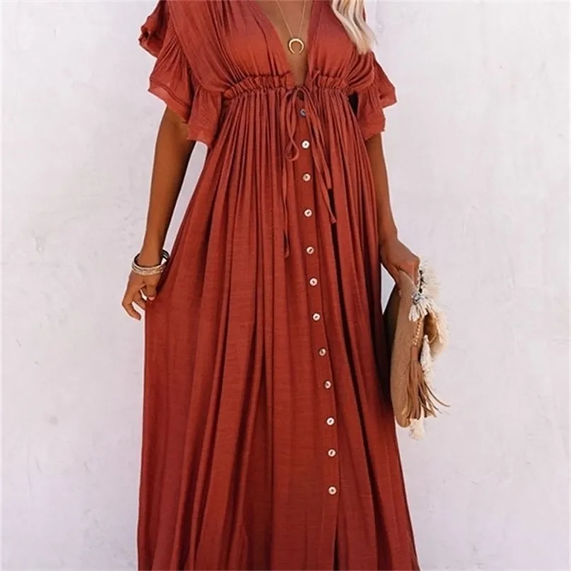 Summer Beach Maxi Dress Femmes Boho Long Bikini Cover Up Robes Taille Haute Casual Col En V Sexy Robes Blanches Robes De Mujer 220531