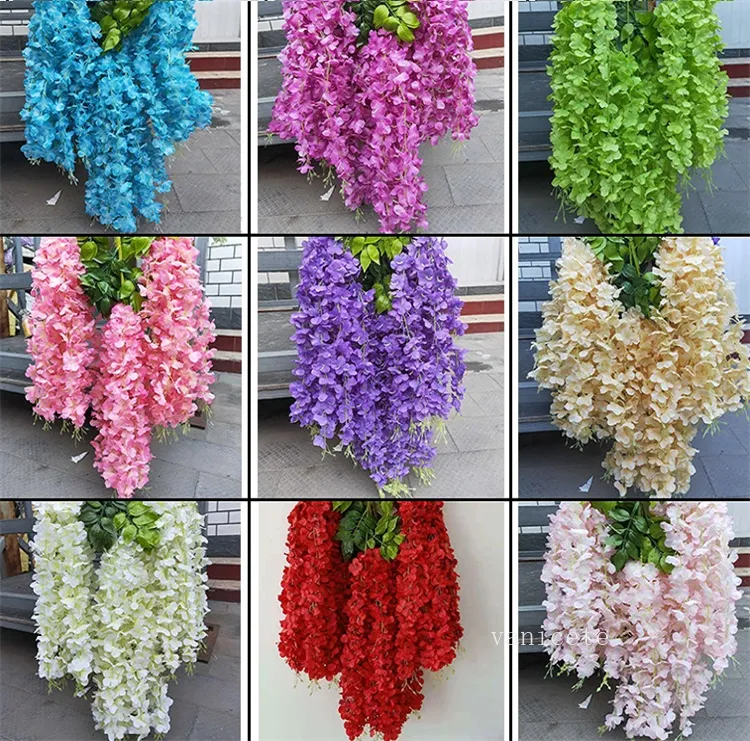 110cm Simulering Wisteria Flower Blossom Bean Flowers Hängande Bröllop Fake Wisteria FlowerDecorative Simulations Wisterias Branch ZC1023