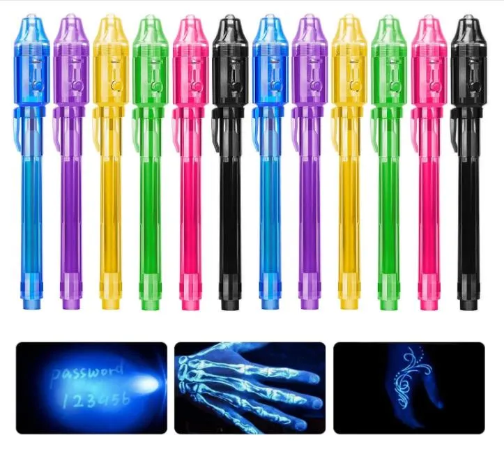 Onzichtbare UV-inkt Markeerstift met Ultraviolet LED Blacklight Secret Message Writer Magie Verdwijnen Woorden Kid Party Gunsten Ideeën Geschenken Kous Stuffers 7 KLEUREN