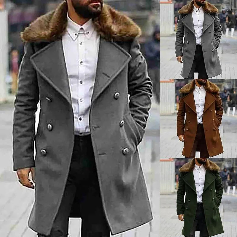 Trench da uomo autunno e inverno moda uomo tinta unita manica lunga doppiopetto sciolto caldo giacca con risvolto in pelliccia sintetica