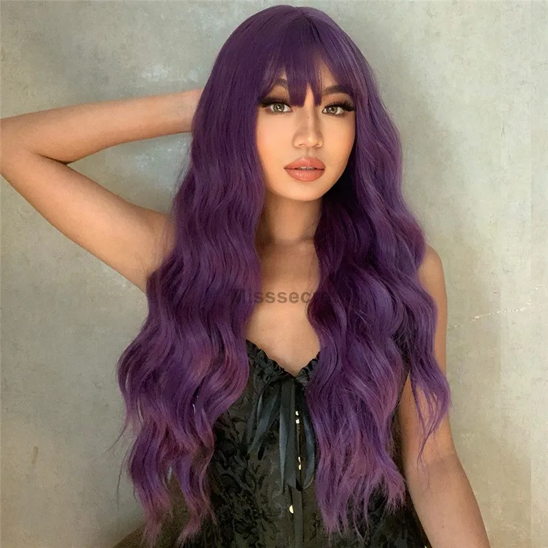 Perruque Longue Synthétique Violette Avec Frange - Ondulée, Bonnet Inclus, Taille Moyenne - Neuf Sans étiquettes