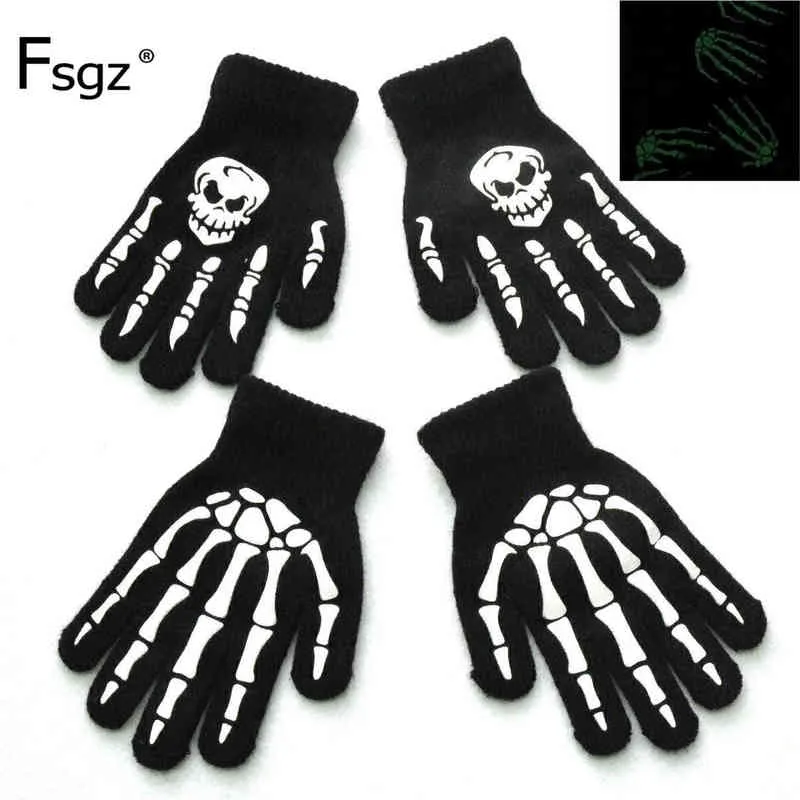 Stickhandskar för barn 5-12 år gammalt ljus i det mörka lysande mänskliga skeletthuvudet Ghostcrawler tryck fingrar handskar nya T220813