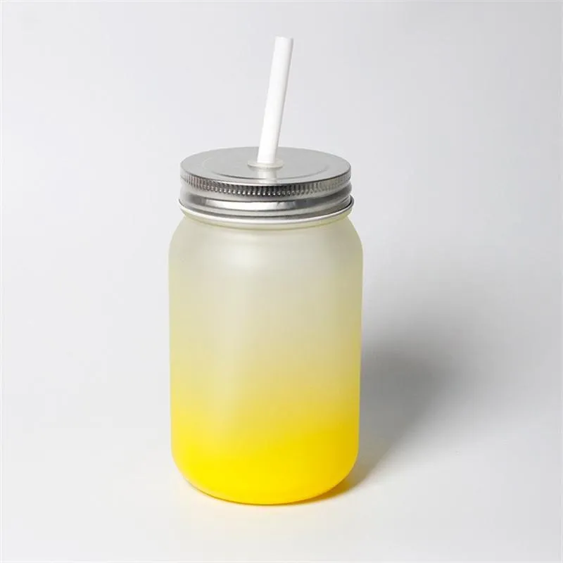 14oz Sublimation Gradient color tumblers Frosted glass mason jar blank Glasses tumbler with handle screw lid 