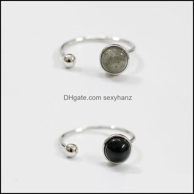 Real 925 Sterling Silver Open Ring For Women With Round Black Agate/Moonstone Do The Old Style Finger Rings Jewelry YMR229