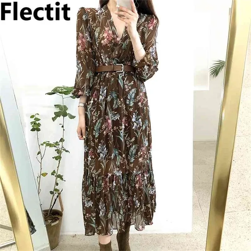 Flectit Vintage Mujer Vestido floral con cinturón Manga larga Cuello en V Airy Gasa Vestido femenino Otoño Primavera 210401