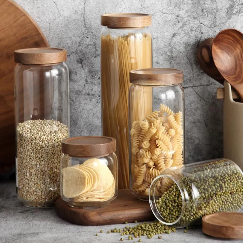 Storage Bottles & Jars High Borosilicate Glass Airtight Wood Lid Canister Kitchen Candy Jar Pasta Rice Food Container Tea Coffee Beans