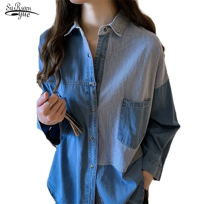 Våren camisa jeans feminina skjorta bomull kvinnlig långärmad kvinnors denim skjorta lösa koreanska plus storlek blus 7256 50 210308