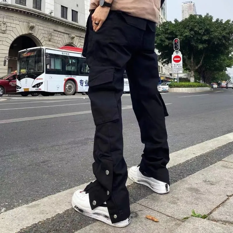 Men's Pants Black Cargo Mens Clothing Flare Trousers Europe And America  Pocket High Street Harajuku Bell-bottom Male Sweatpan262q