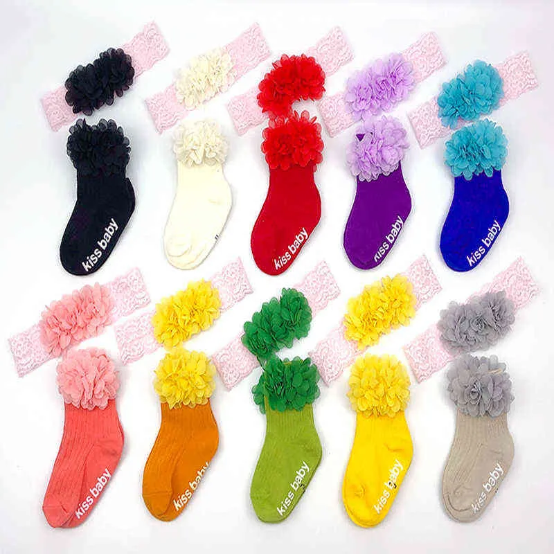 PCSSet Lace Flower Baby Girl Pannband Socks Set Crown Bows Nyfödda pannband Pannband för flickor Tulpan Band Baby Hair Accessories J220621