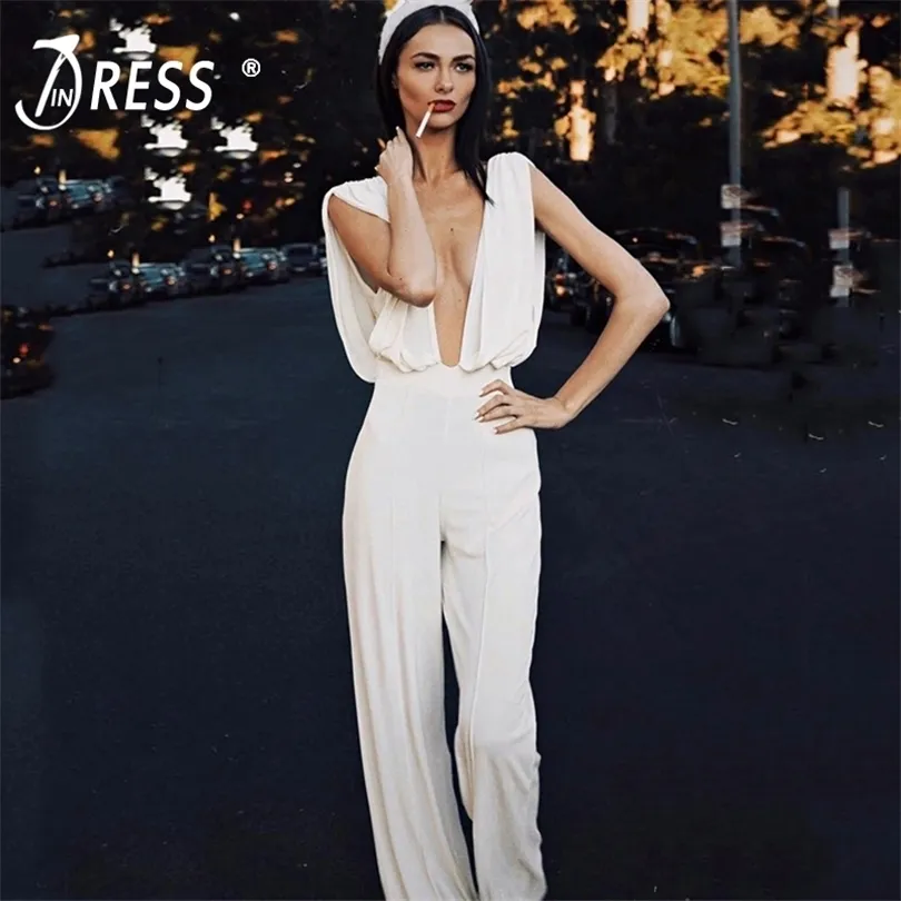 INDRESSME Vestidos New Women Fashion Sexy White Deep V Neck Jumpsuit Sleeveless Elegant Lady Party Club Straight Long Pants T200509