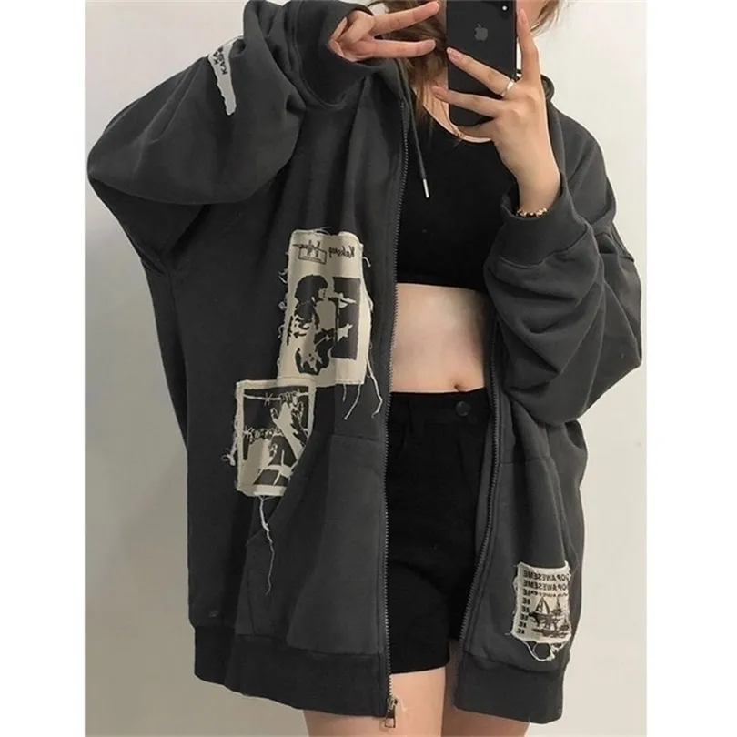 Emo kvinnor alt punk hoodie zip up grunge estetic jacka vintage street -shirt harajuku tröjor graffiti y2k dragkedja kläder 220816