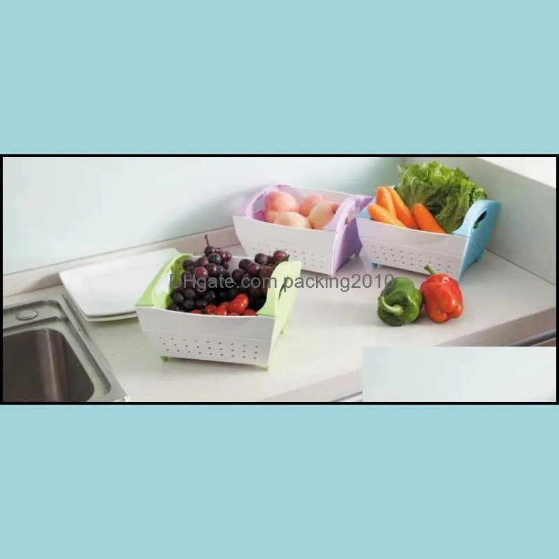 Plastic Foldable Storage Skep High Capacity Space Saving Drain Basket Hollowed Out Design Fruits And Vegetables Baskets With Handle 7 35sg