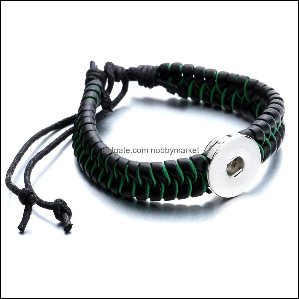 Black Brown Green Woven PU Leather Rope Bracelet fit 18mm Snap Button charms Bracelet Jewelry for women men