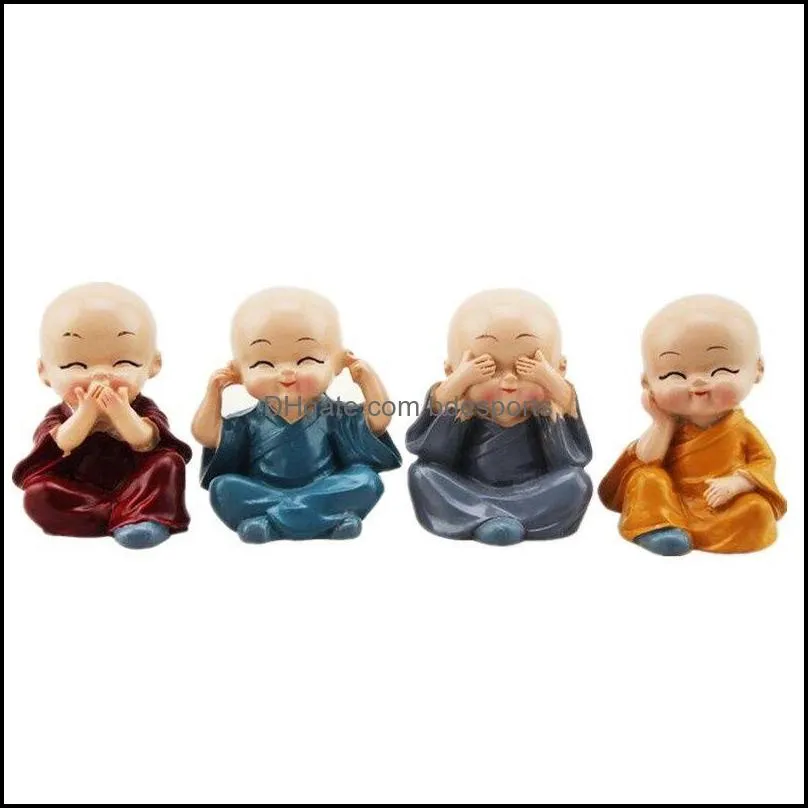 Novelty Items Home Decor Garden 4 Pcs/Lot Creative Small Buddha Statue Monk Resin Figurine Crafts Decorative Ornaments Car Accessories 230