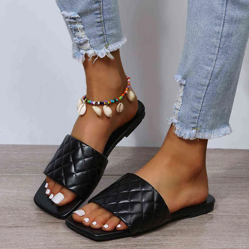 2022 Luxe Célébrités Pu Pantoufles En Cuir Femmes Solide Couture Plaid Appartements Peep Toe Semelle En Caoutchouc Sexy Beauté Chaussures Dames Femme Y220412