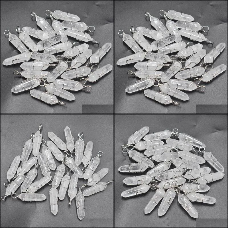 silver wire natural stone white crystal charms hexagonal healing reiki point pendants for jewelry making